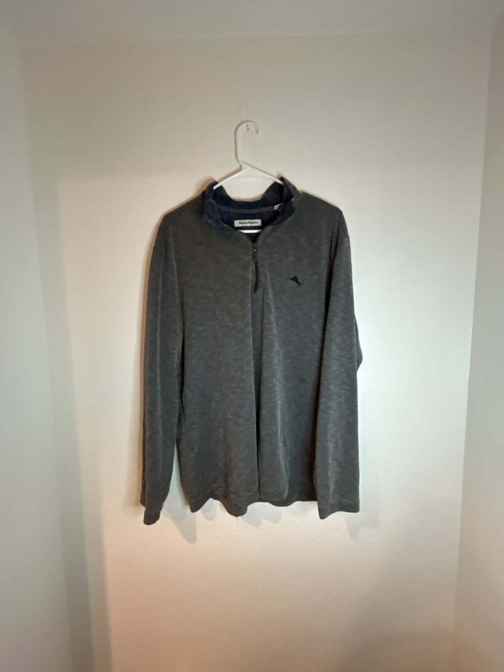 Tommy Bahama Sweater Mens Large Gray Quarter Zip Marlin Logo Tencel Modal